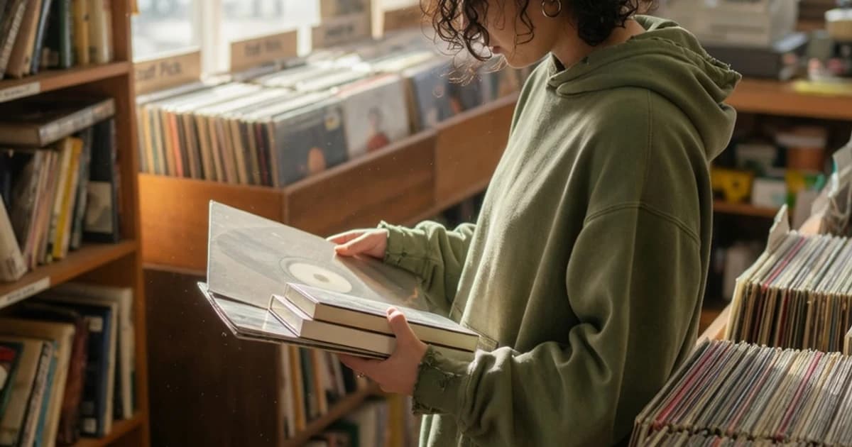 Joven mirando libros y discos en una tienda cultural