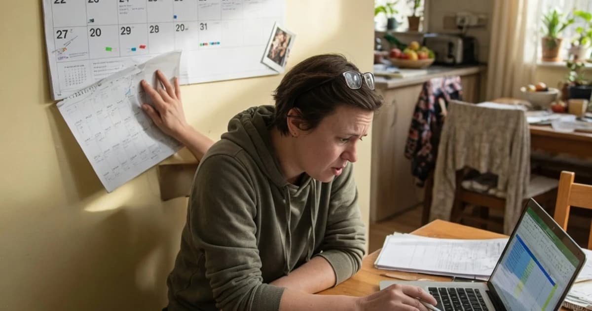 Persona revisando un calendario en la pared mientras organiza en el portátil las fechas de cobro de julio