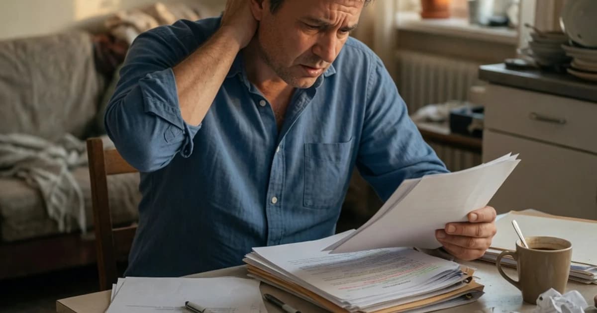 Trabajador revisando documentos en casa con gesto de preocupación