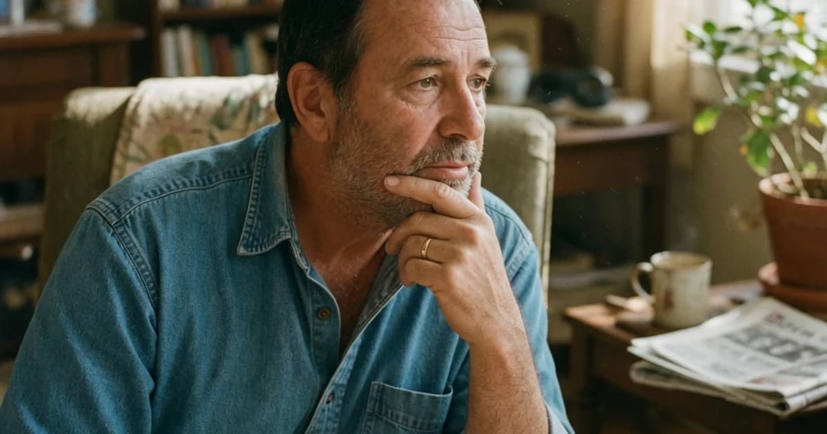Hombre de más de 50 años pensativo en casa