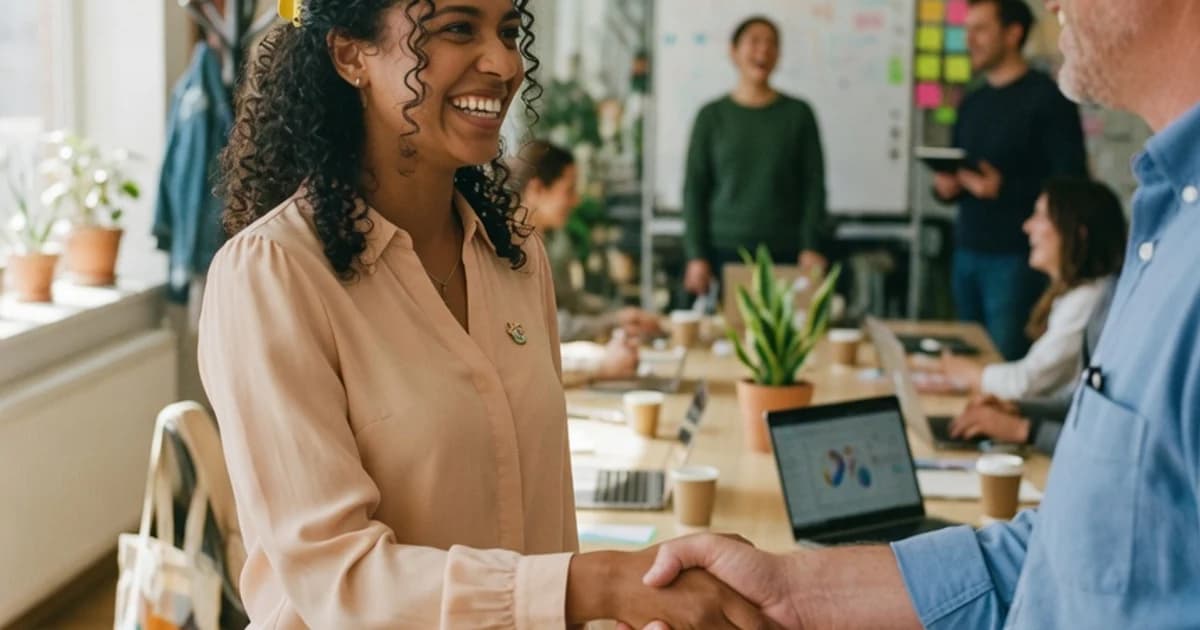 Nuevo empleado estrechando la mano en una oficina moderna