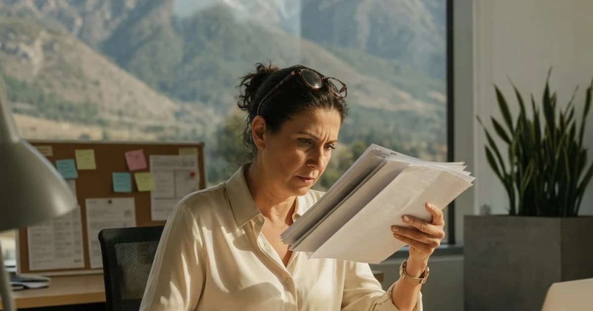 Profesional revisando documentos en una oficina con montañas al fondo