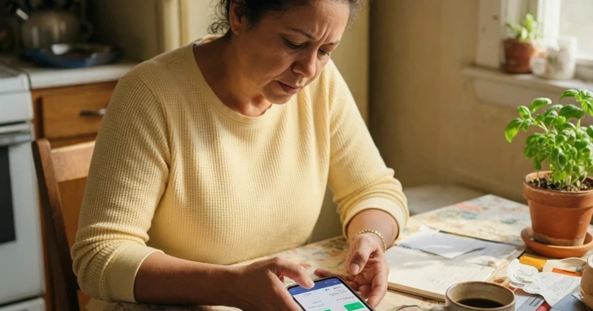 Persona consultando su cuenta bancaria en el móvil en la cocina