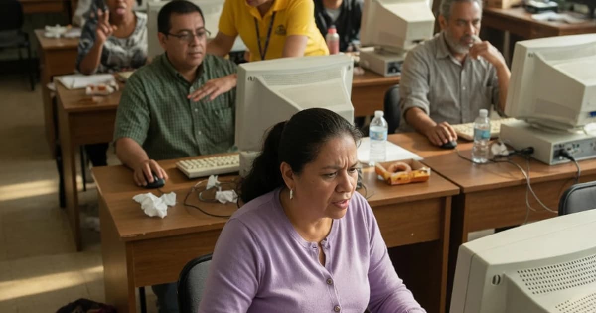 Adultos aprendiendo informática en un aula con ordenadores