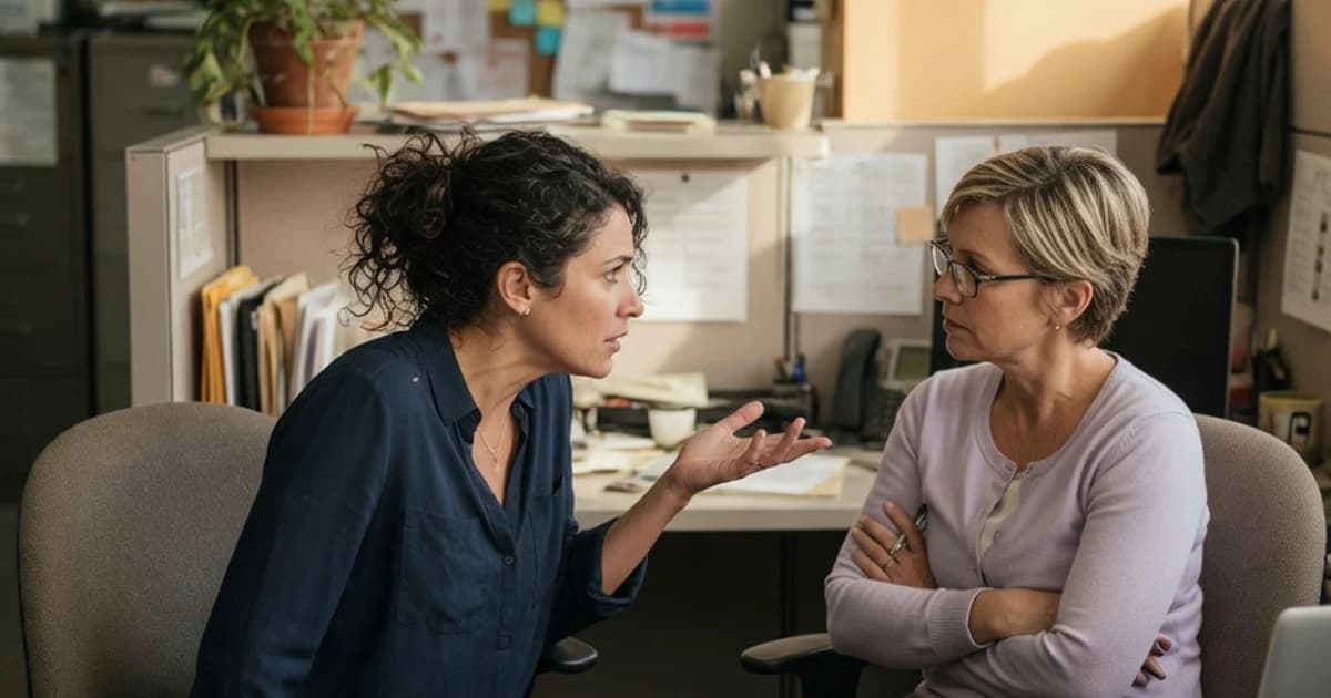 Conversación tensa entre un empleado y recursos humanos en la oficina