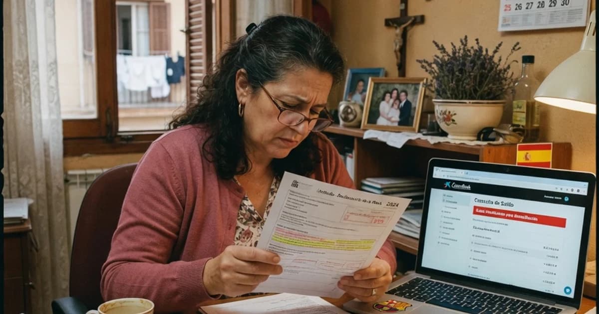 Mujer revisando los documentos de su declaración de la renta junto al portátil en casa