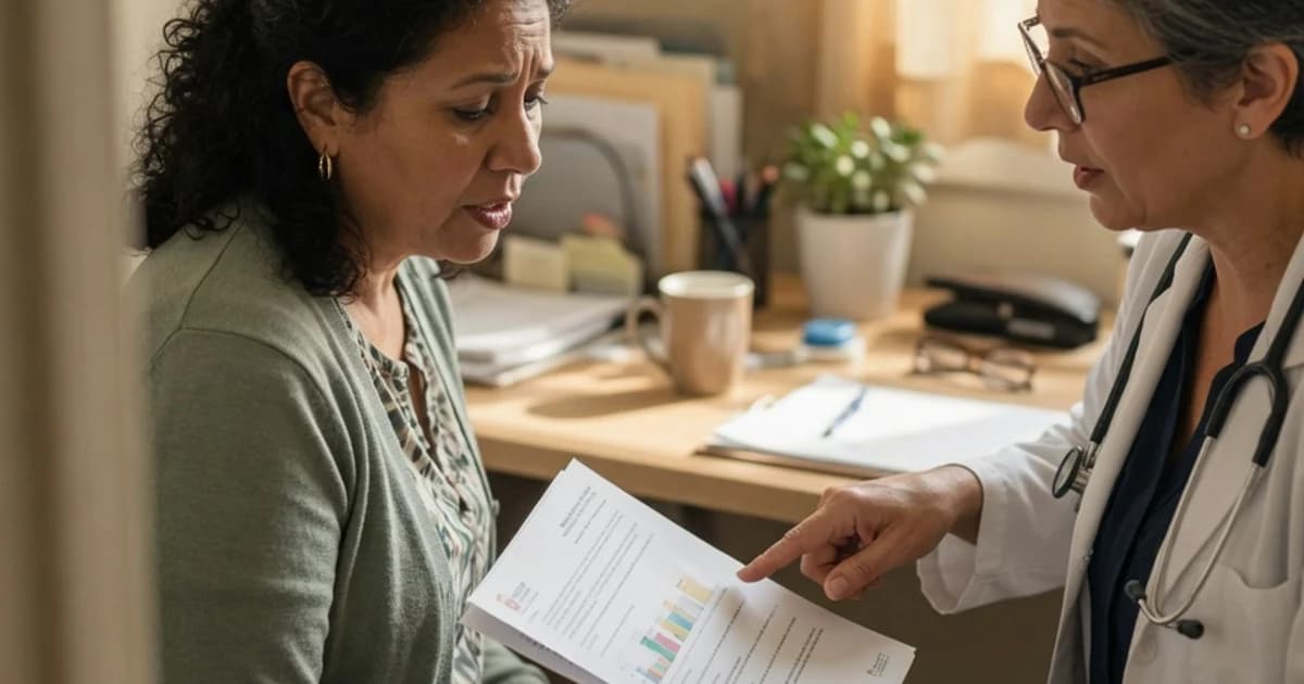 Persona en una consulta médica revisando un informe con el médico