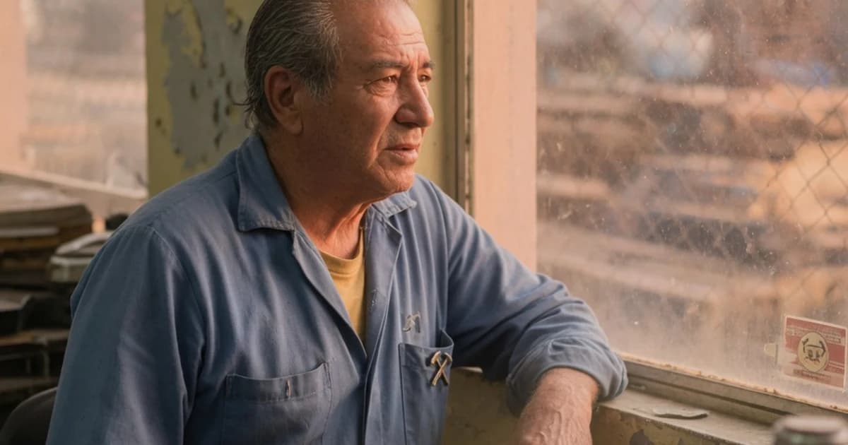 Trabajador mayor mirando pensativo por la ventana
