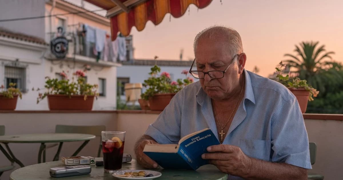 Jubilado revisando su libreta del banco en una terraza a la sombra a finales de julio