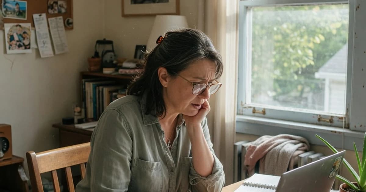 Mujer comprobando en el portátil si ha cobrado el subsidio de julio, sentada a la mesa junto a la ventana