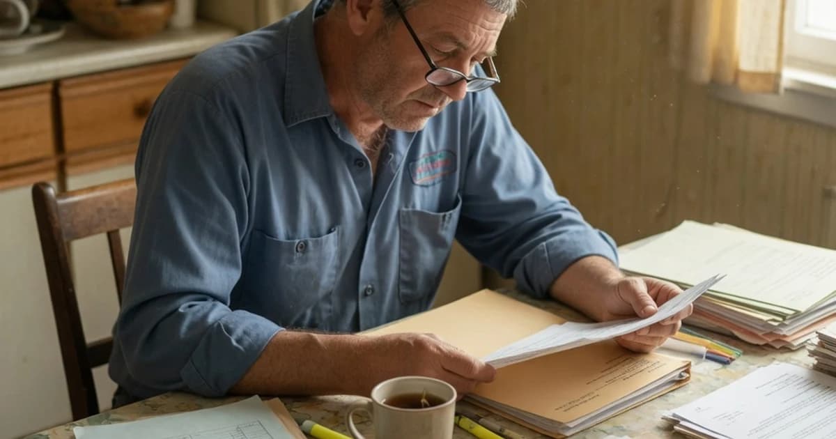 Trabajador de más de 50 años revisando documentos en la cocina