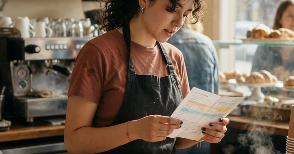 Trabajador a tiempo parcial consultando su horario en una cafetería