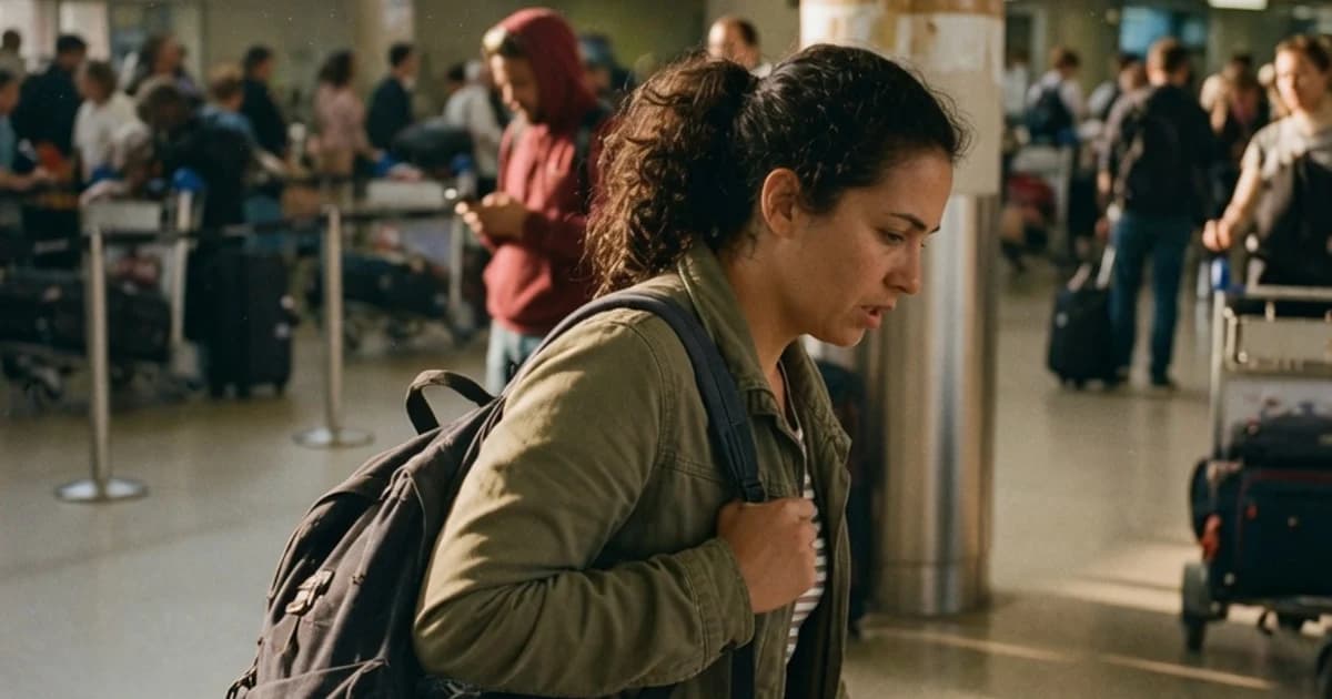 Persona con una mochila en la zona de llegadas del aeropuerto