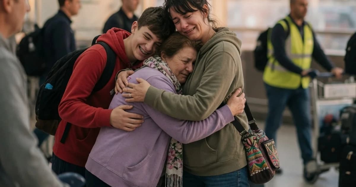 Persona abrazando a su familia al llegar al aeropuerto