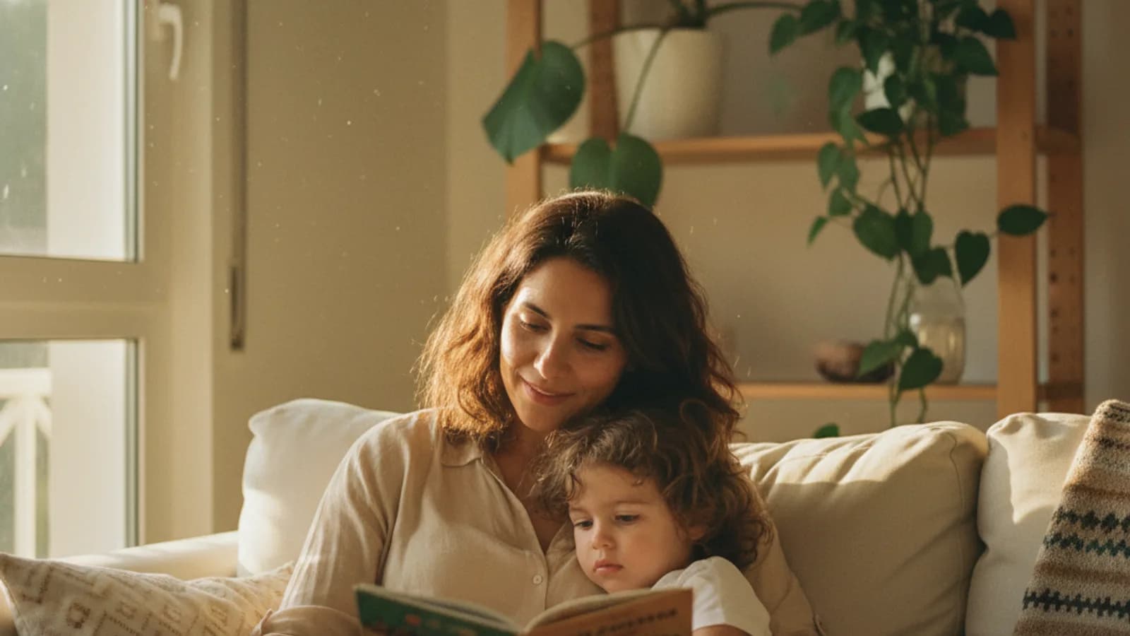 Foto editorial de una madre leyendo un cuento a su hijo pequeño en el sofá con luz cálida