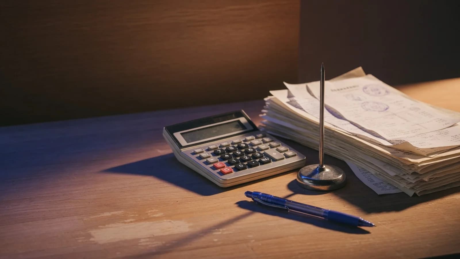Calculadora y facturas en un escritorio de trabajo