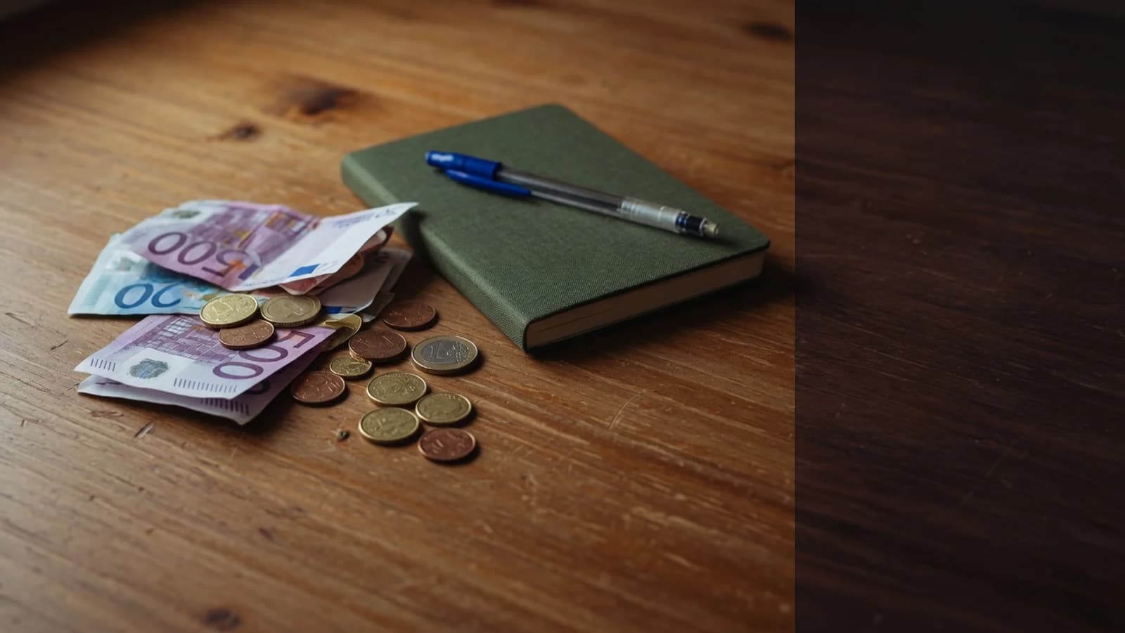 Billetes y monedas de euro junto a una libreta