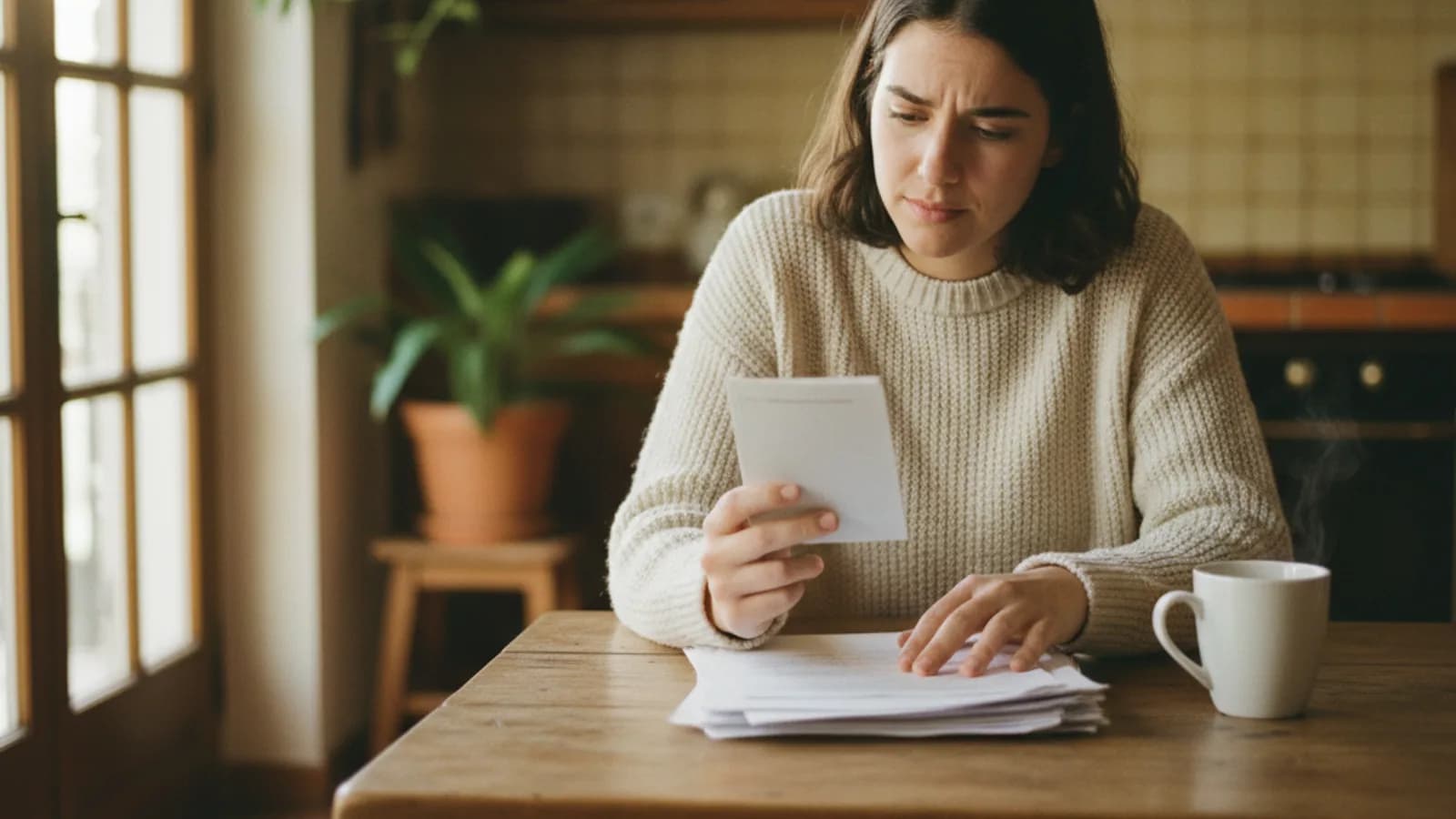 Joven adulto revisando un pasaporte y documentos en casa