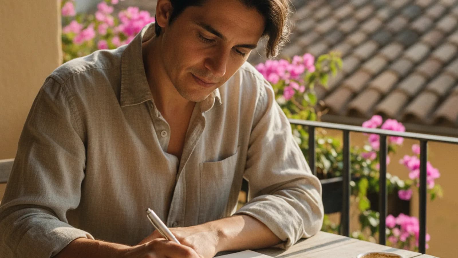Adulto estudiando en un balcón mediterráneo