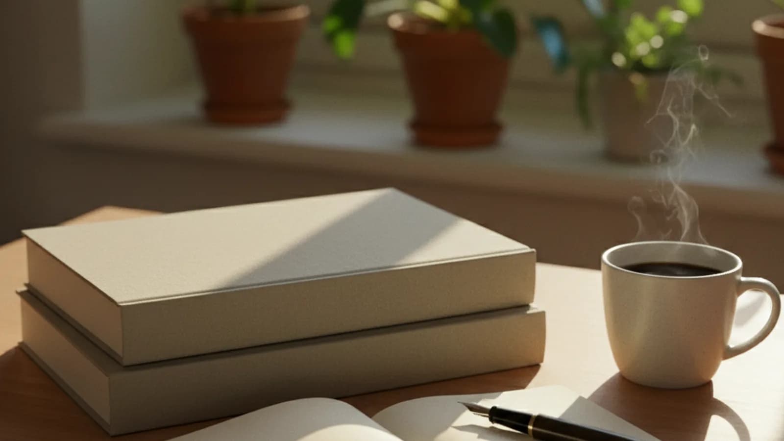 Escritorio con libros de referencia y libreta abierta