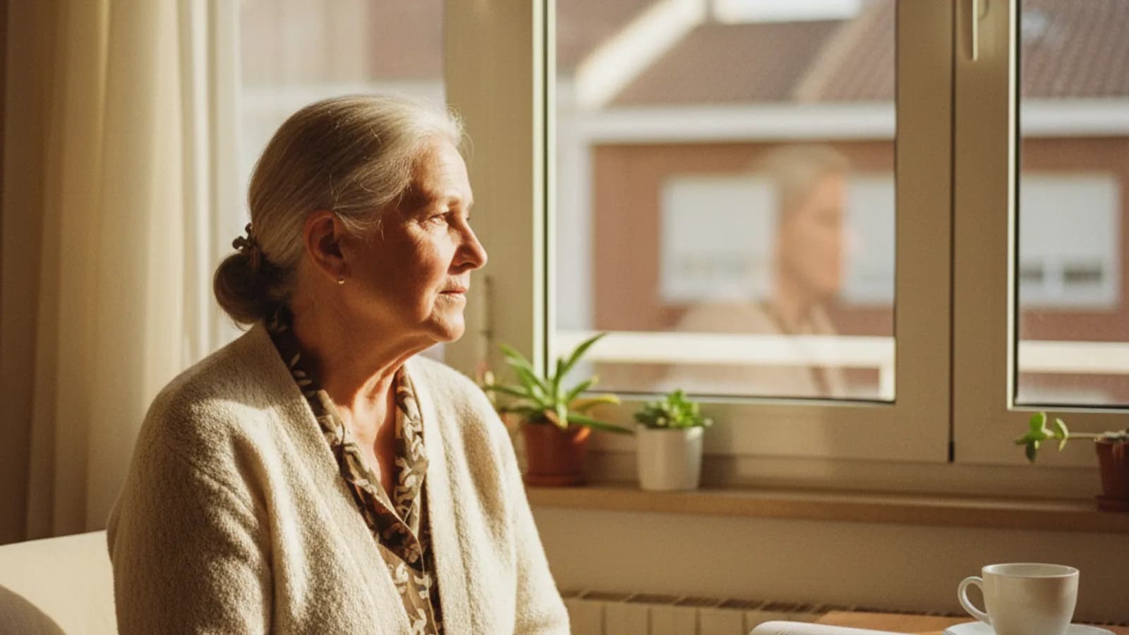 Foto editorial de una mujer mayor sentada junto a una ventana con luz natural en su apartamento