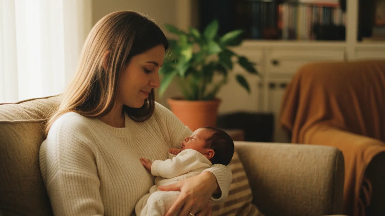 Foto editorial de una madre con su recién nacido en un sofá iluminado por luz natural