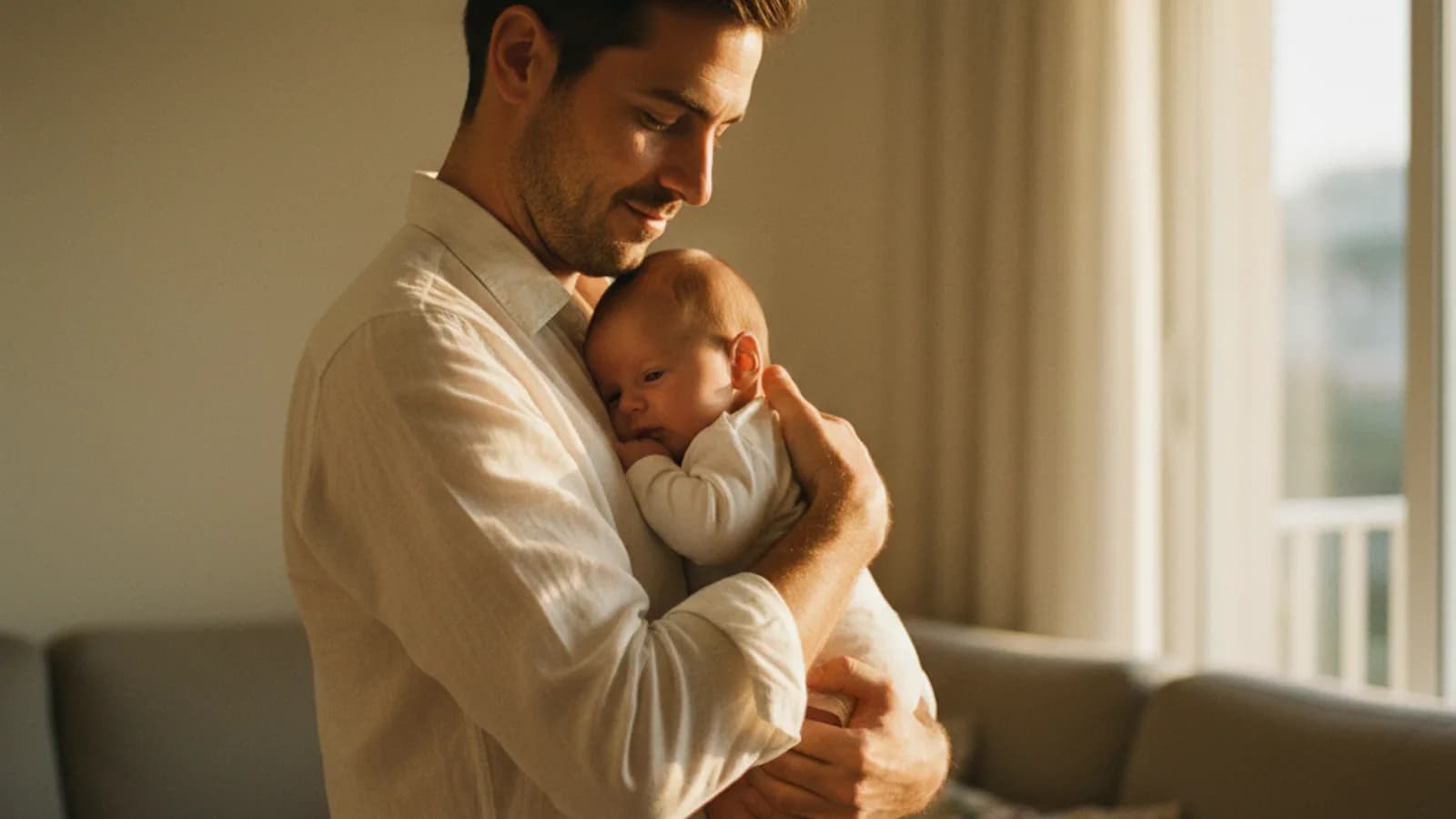 Foto editorial de un padre sosteniendo a su bebé en un salón con luz cálida