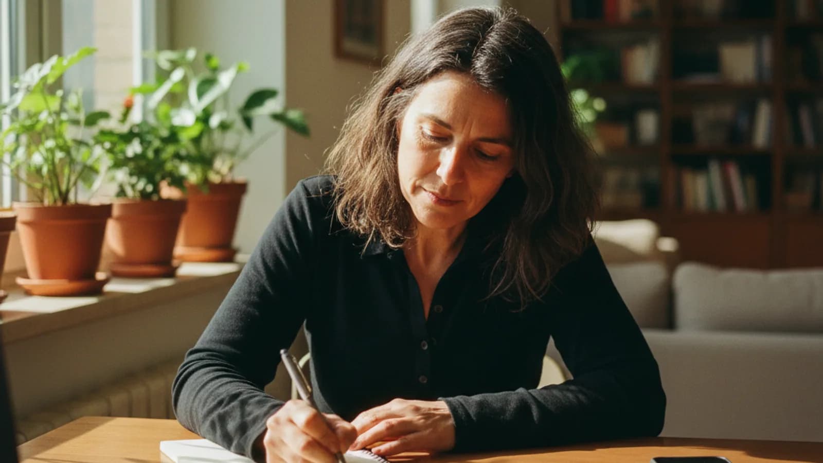 Foto editorial de una mujer escribiendo en un cuaderno junto a una ventana iluminada