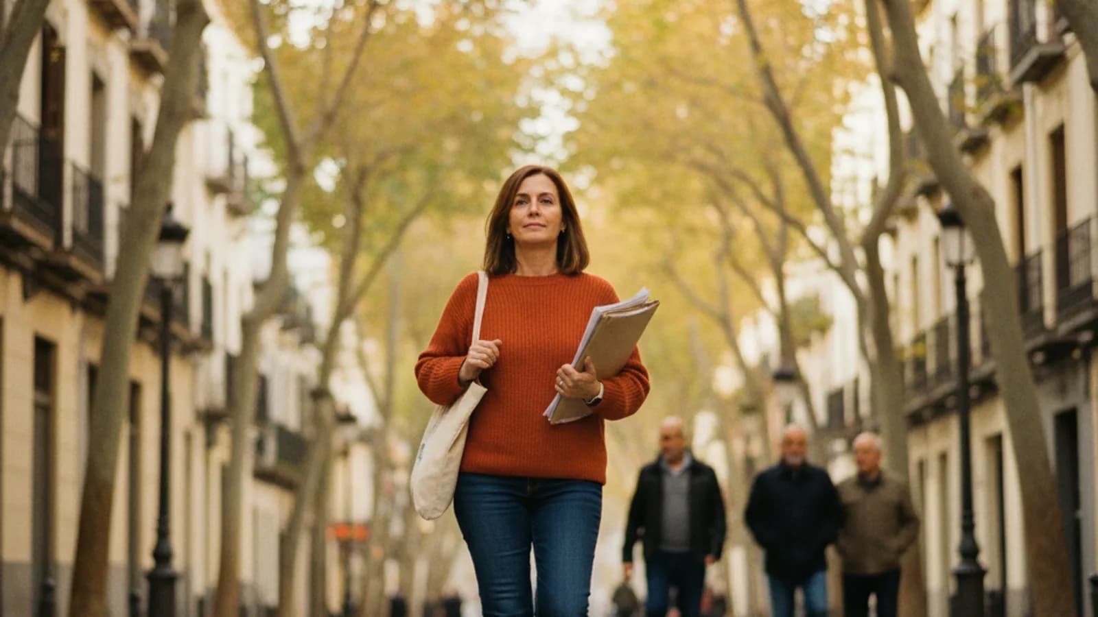 Foto editorial de una mujer caminando por una calle arbolada en otoño con una carpeta y bolsa