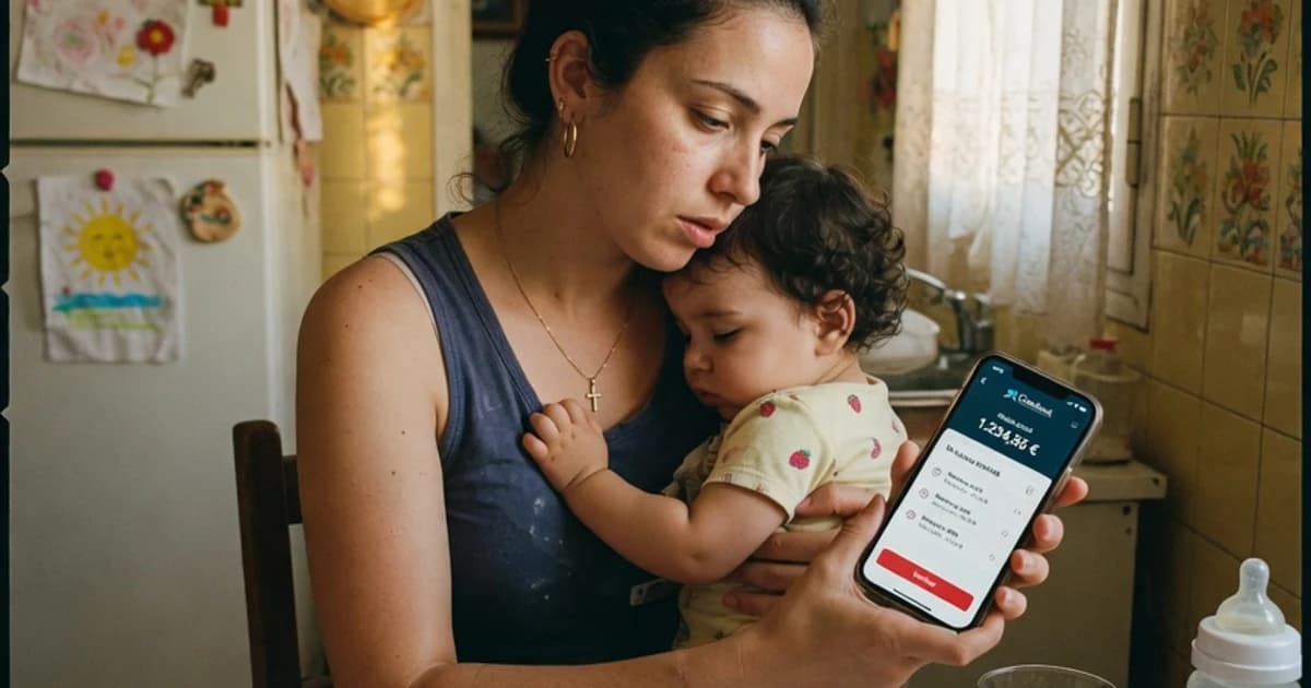 Madre con su bebé en brazos consultando el ingreso de la ayuda por hijo a cargo en la app del banco