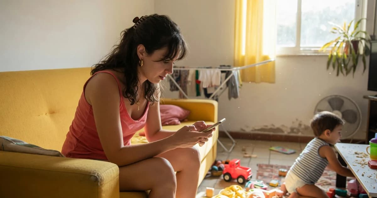 Madre consultando el móvil mientras su hijo juega en el salón, esperando el ingreso de la ayuda por hijo a cargo