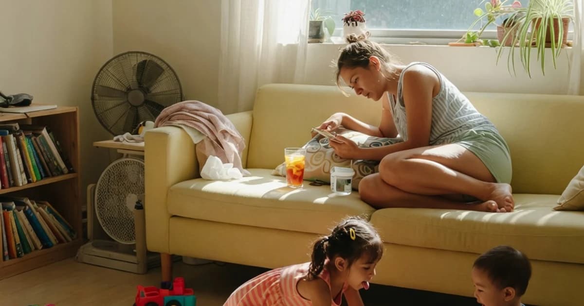 Madre comprobando en el móvil el ingreso de la ayuda por hijo a cargo en verano mientras sus hijos juegan en el salón