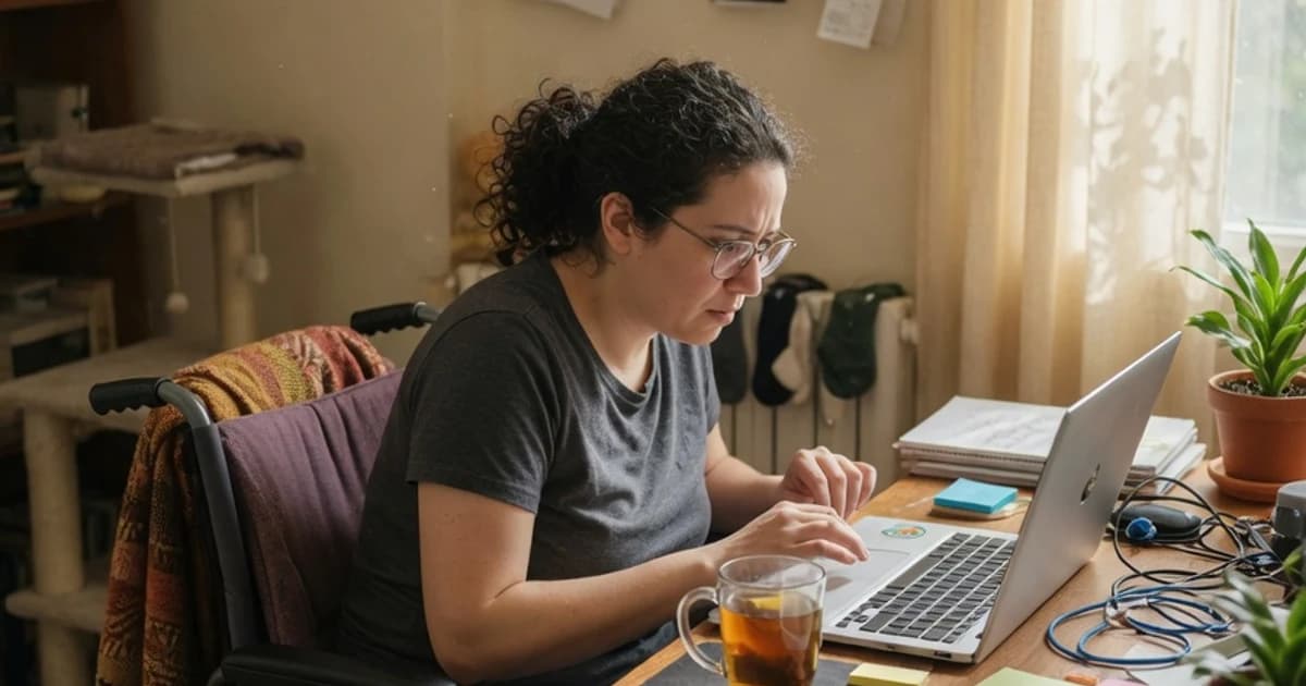 Persona con discapacidad trabajando concentrada en un escritorio en casa