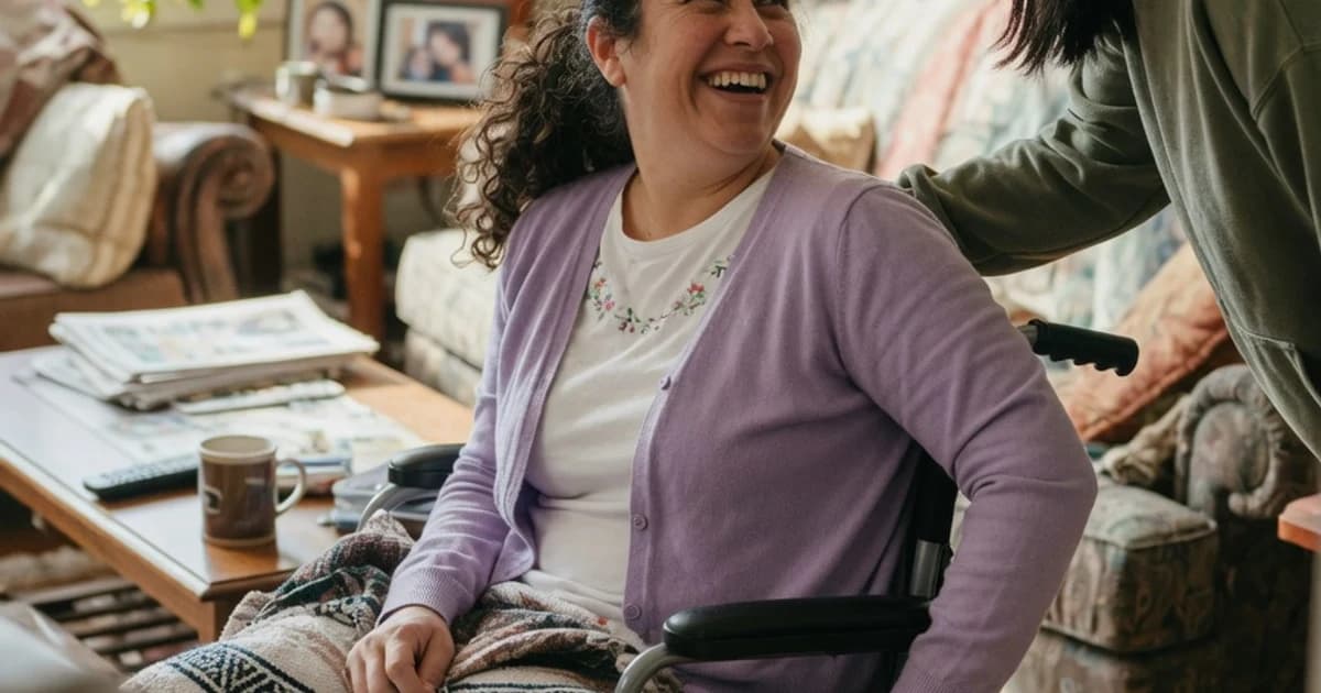 Persona con discapacidad en casa acompañada por un familiar
