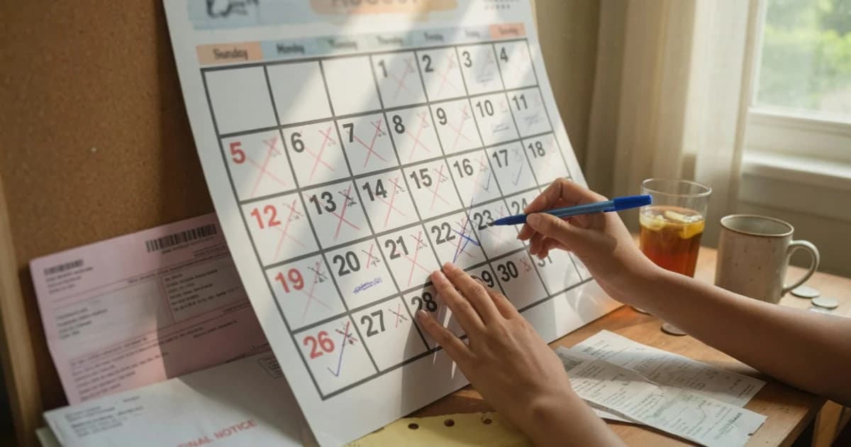 Manos marcando las fechas de cobro en un calendario de agosto junto a las facturas del mes