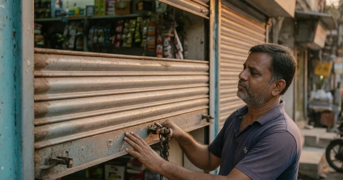 Autónomo bajando la persiana de su pequeño comercio