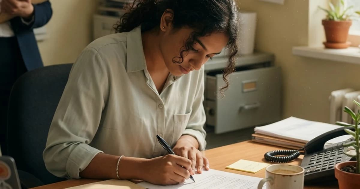 Trabajadora joven firmando un contrato en la oficina