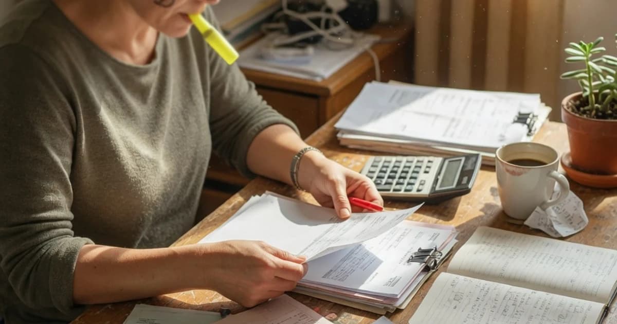 Autónomo revisando facturas en su mesa de trabajo