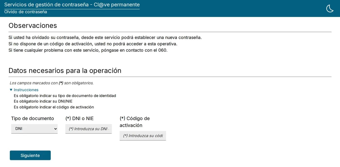 Pantalla oficial de Olvido de contraseña de Cl@ve permanente, con los campos tipo de documento, DNI o NIE y código de activación, y el aviso de que sin código de activación no se puede acceder a esta operativa