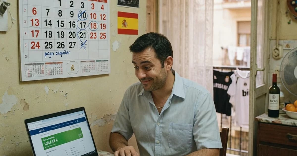 Hombre comprobando en el portátil si le ha entrado el pago del paro, junto a un calendario con las fechas marcadas