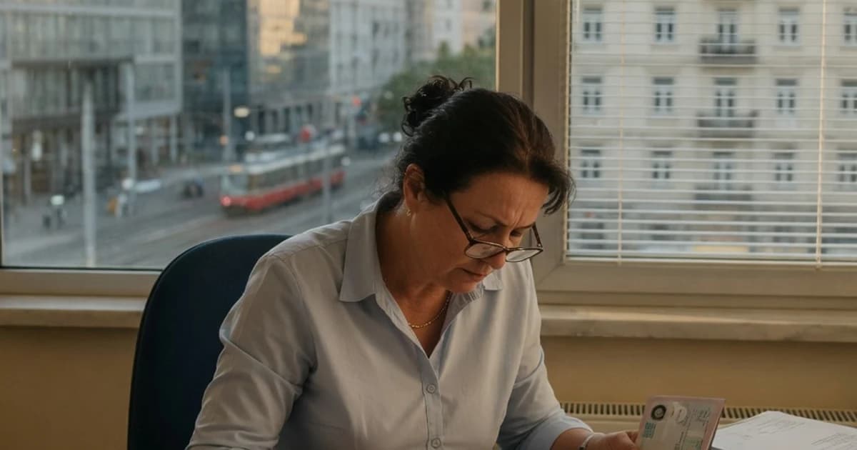 Persona revisando documentos internacionales con un pasaporte en la mesa