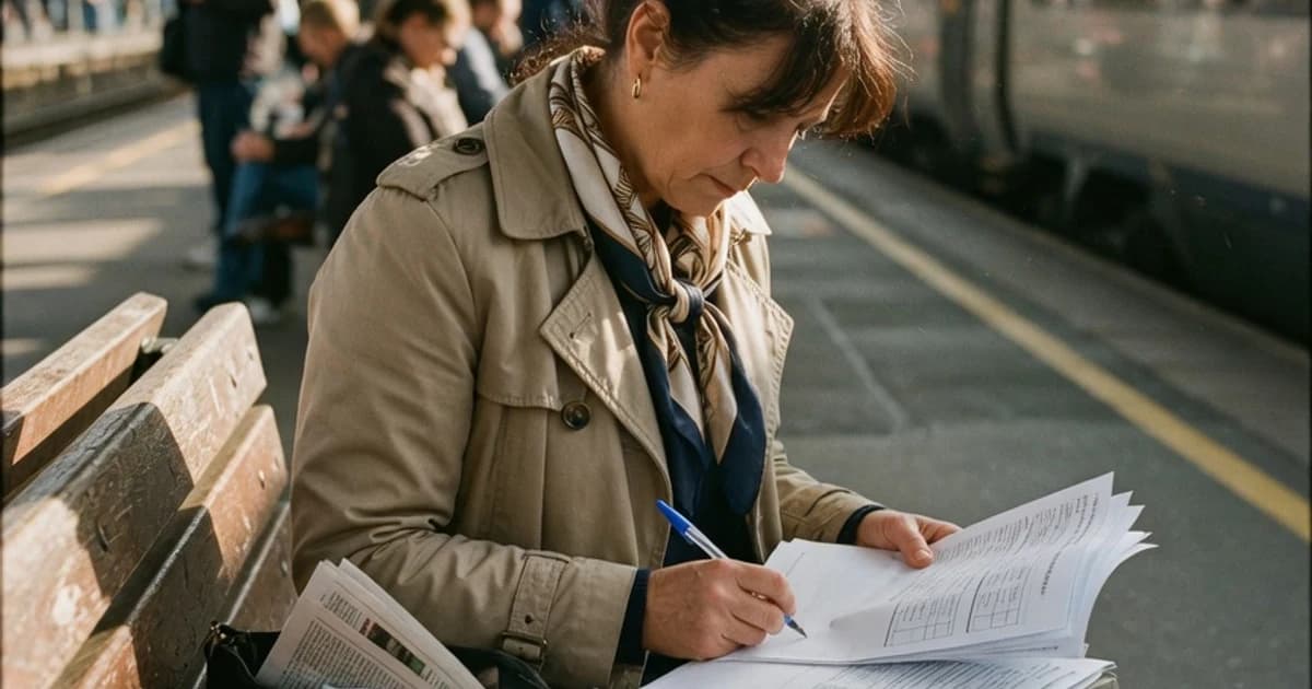 Persona revisando papeles en una estación de tren