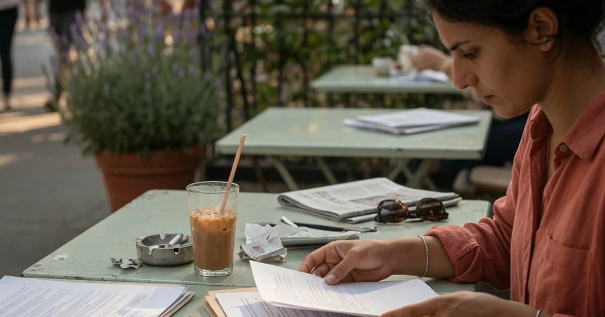 Persona revisando documentos en la mesa de una cafetería al aire libre