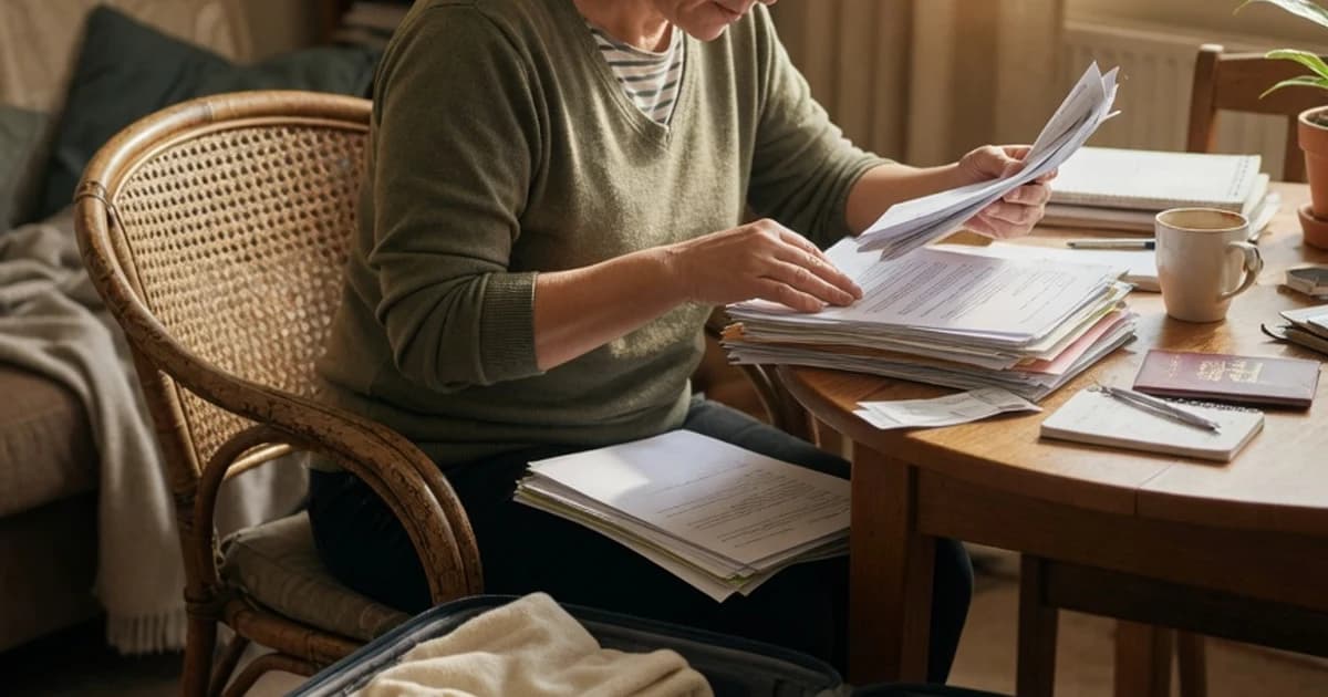 Persona revisando documentos en casa con una maleta cerca