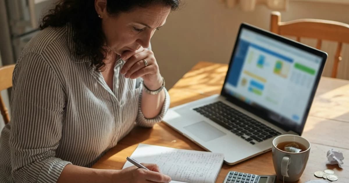 Persona repasando su presupuesto con un cuaderno y el portátil