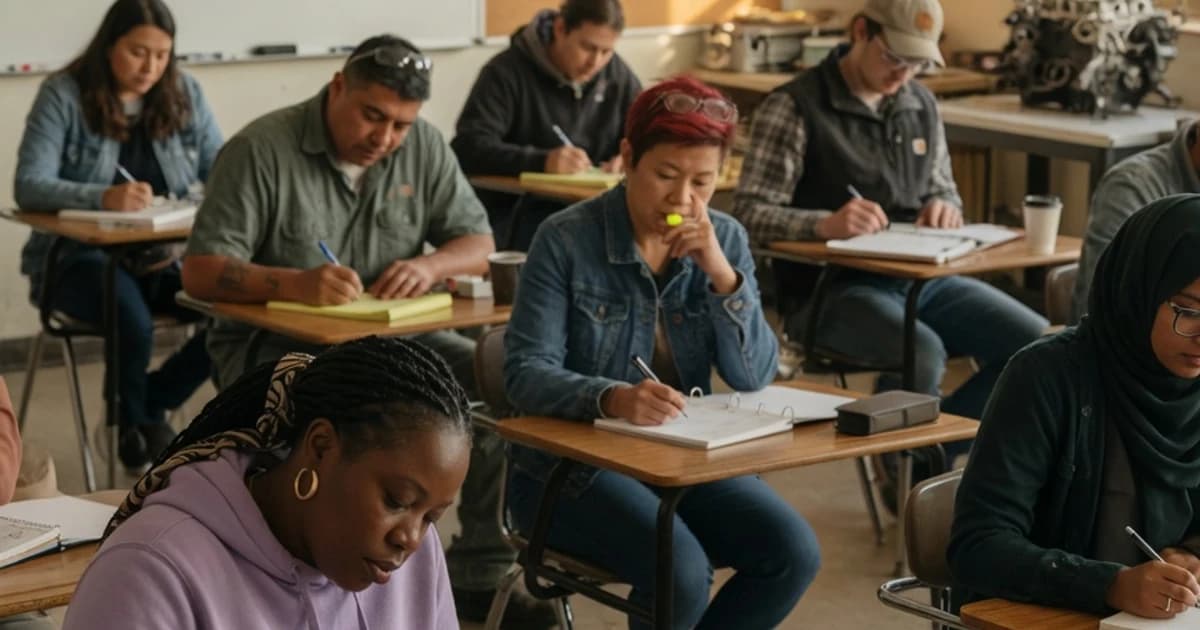 Grupo diverso de adultos tomando notas en un aula de formación