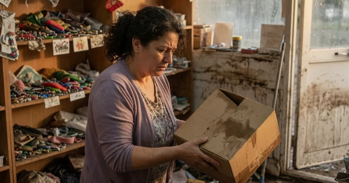Comerciante evaluando los daños en un negocio afectado por una inundación
