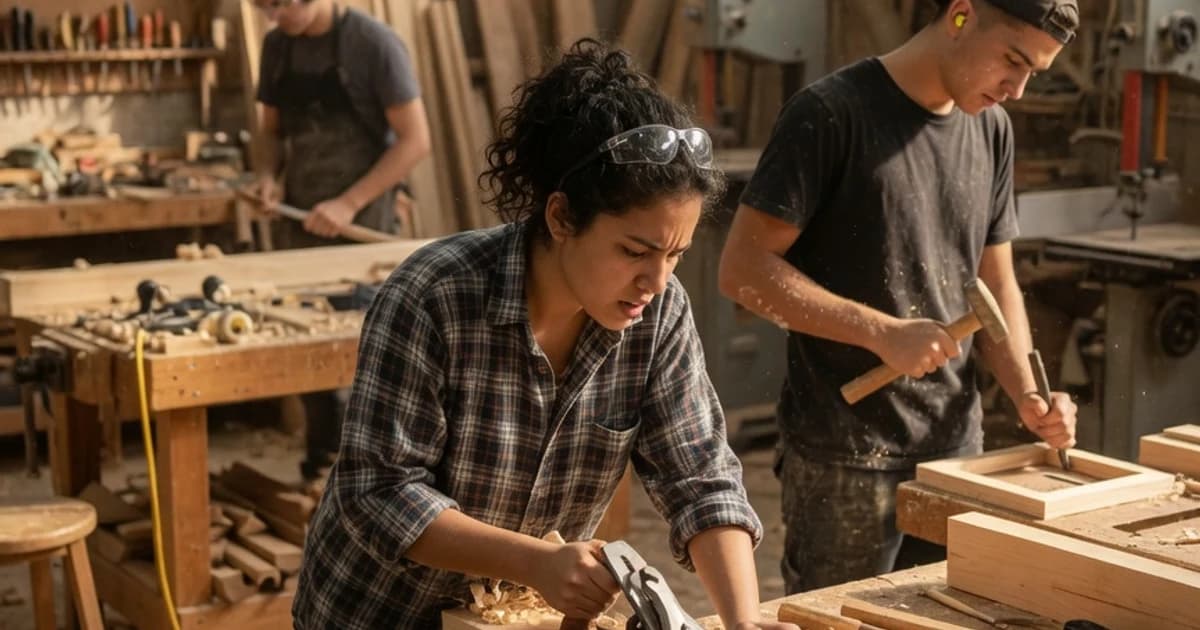 Jóvenes aprendices en un taller de carpintería