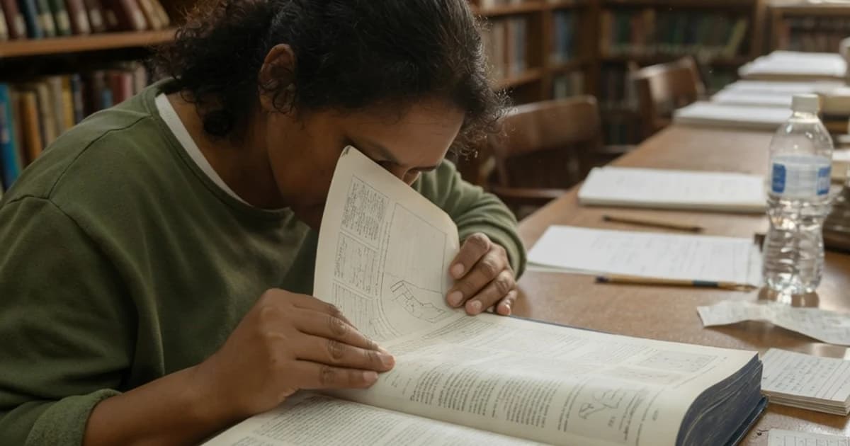 Persona leyendo un libro de referencia en una mesa de biblioteca