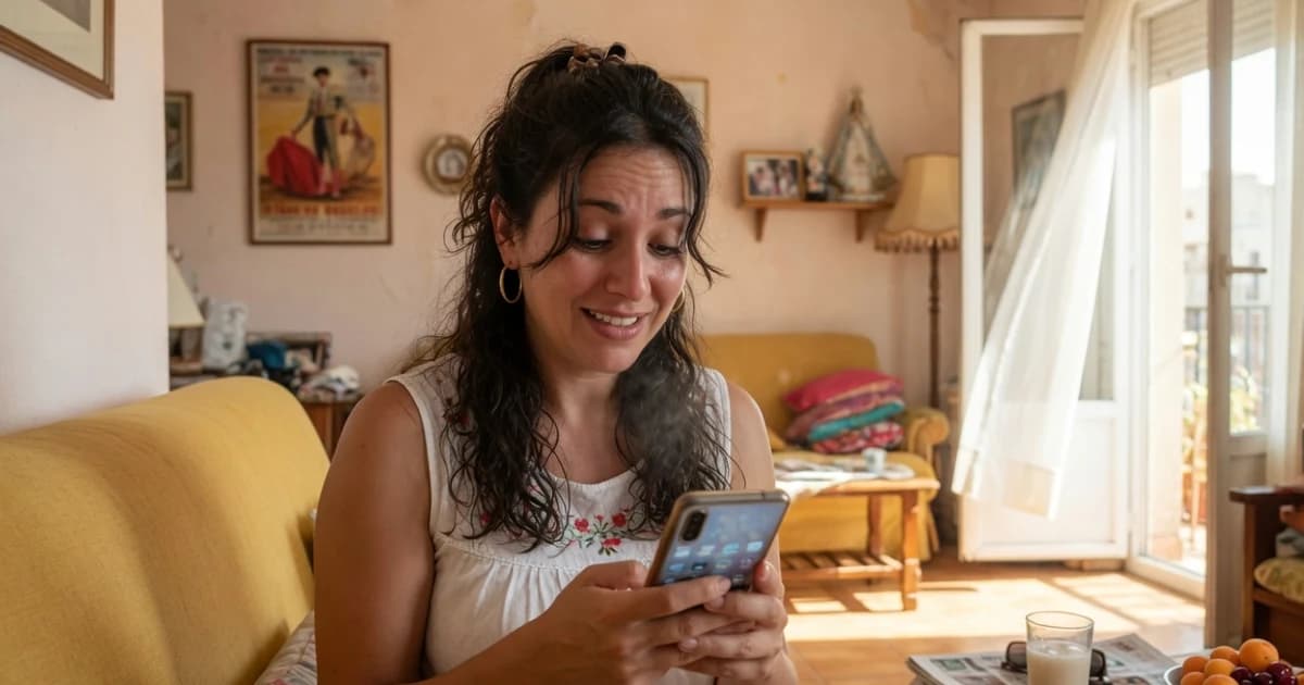 Mujer comprobando en el móvil el ingreso del IMV a primeros de agosto en el salón de casa